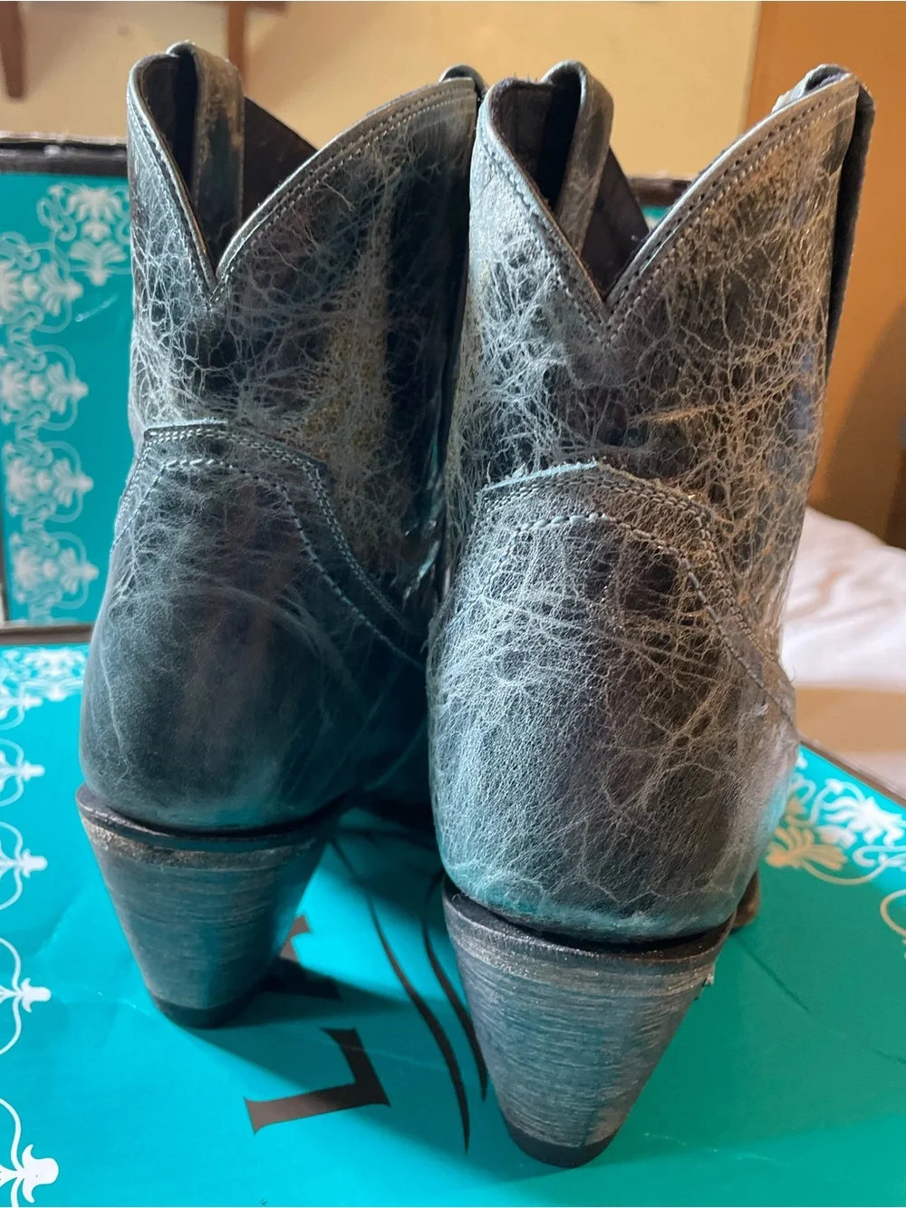 LANE Women's Teal Distressed Leather Western Ankle Boots